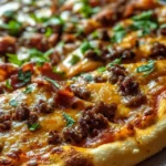 Cheeseburger-Pizza mit Bacon und Knoblauchsauce