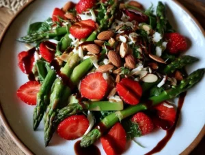 Grüner Spargelsalat mit Erdbeeren, Balsamico und gerösteten Mandeln