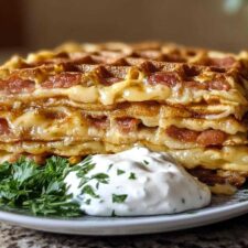 Bacon-Zwiebel-Käse-Waffeln mit Knoblauchrahm für Genussmoment